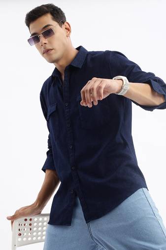 men's long sleeves solid slim fit navy blue shirt