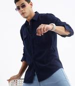 men's long sleeves solid slim fit navy blue shirt