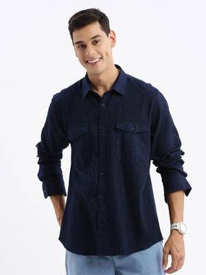 men's long sleeves solid slim fit navy blue shirt 2