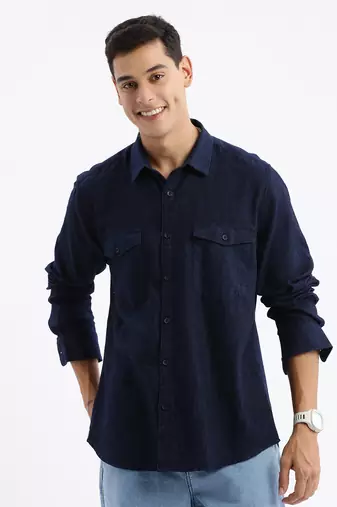 men's long sleeves solid slim fit navy blue shirt