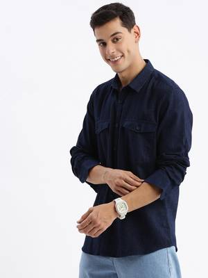 men's long sleeves solid slim fit navy blue shirt 3