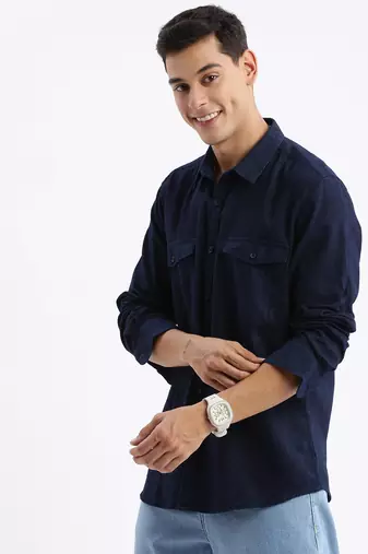 men's long sleeves solid slim fit navy blue shirt