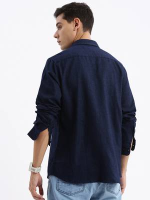 men's long sleeves solid slim fit navy blue shirt 4