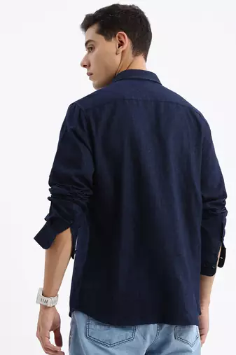 men's long sleeves solid slim fit navy blue shirt