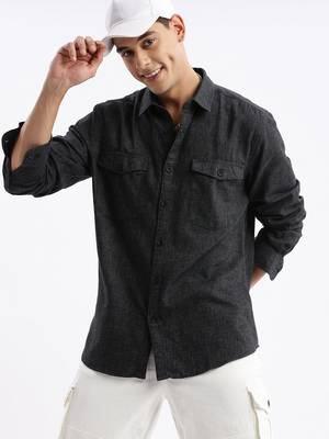 men's long sleeves solid slim fit grey shirt 1