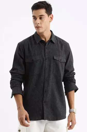 men's long sleeves solid slim fit grey shirt