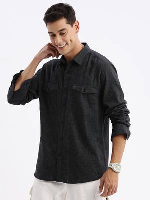 men's long sleeves solid slim fit grey shirt 3