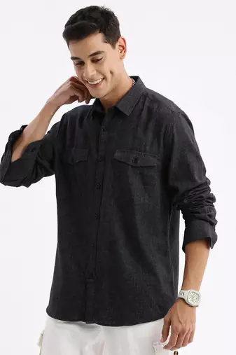 men's long sleeves solid slim fit grey shirt