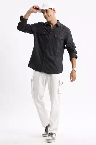 men's long sleeves solid slim fit grey shirt