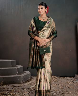 Silk Blend Zari Weaving With Copper Zari Border And Pallu Saree With Blouse For Women 1