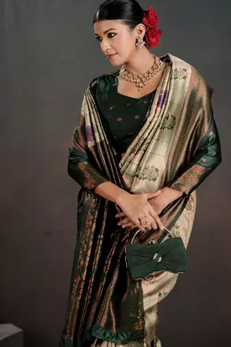 Silk Blend Zari Weaving With Copper Zari Border And Pallu Saree With Blouse For Women