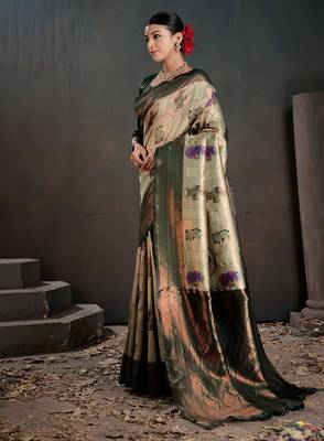 Silk Blend Zari Weaving With Copper Zari Border And Pallu Saree With Blouse For Women 3