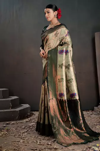 Silk Blend Zari Weaving With Copper Zari Border And Pallu Saree With Blouse For Women