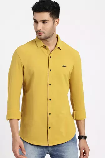 Showoff men's yellow solid slim fit shirt