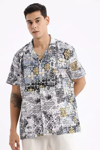 men's cuban collar abstract relaxed fit multi shirt