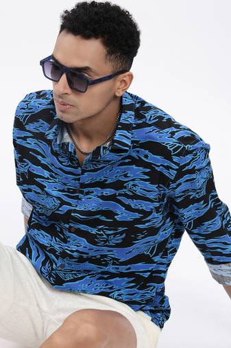 men's blue abstract slim fit shirt