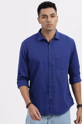 men's blue solid slim fit shirt