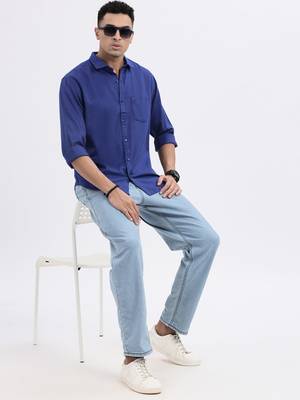men's blue solid slim fit shirt 5