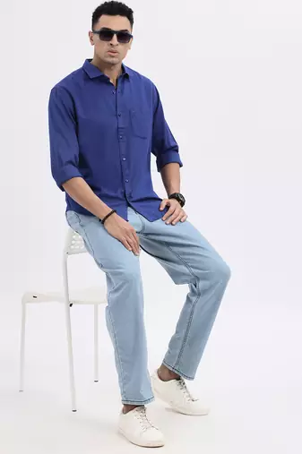 men's blue solid slim fit shirt