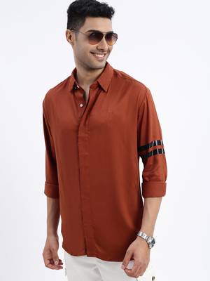 men's brown solid slim fit shirt 1