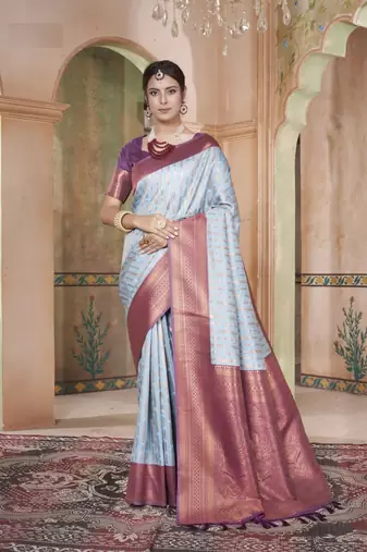 Sky Blue Kanchivaram Silk Zari Weaving With Gold Zari Border And Pallu Saree With Blouse For Women