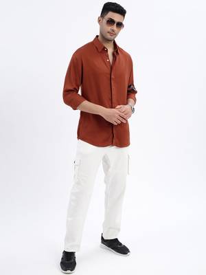 men's brown solid slim fit shirt 5