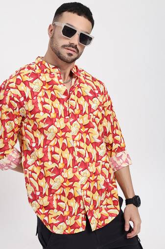 men's red printed slim fit shirt