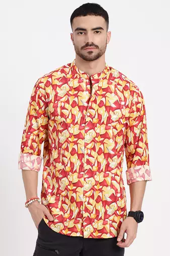 men's red printed slim fit shirt