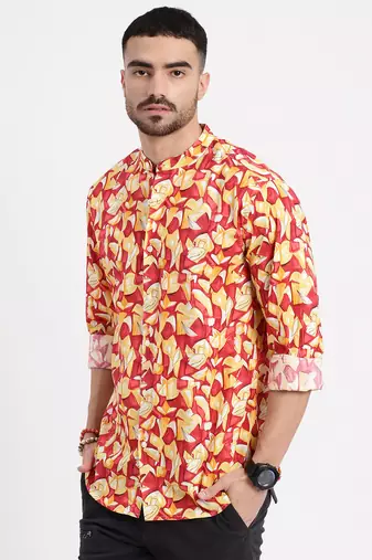 men's red printed slim fit shirt