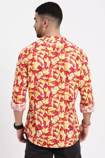 men's red printed slim fit shirt