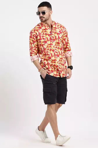 men's red printed slim fit shirt