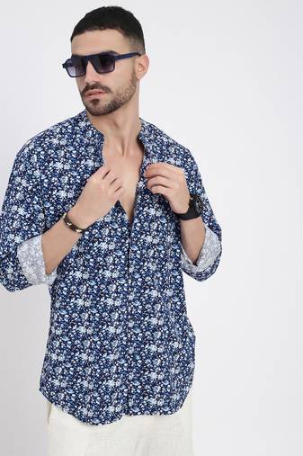 men's navy blue printed slim fit shirt