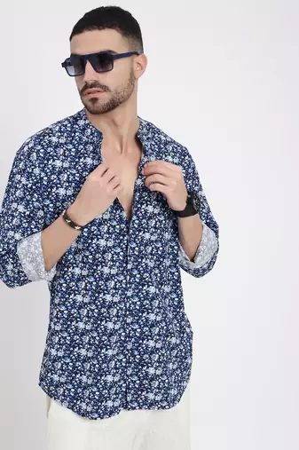 men's navy blue printed slim fit shirt