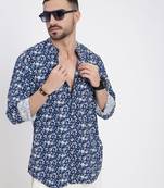 men's navy blue printed slim fit shirt