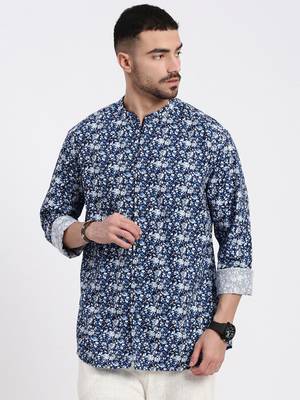 men's navy blue printed slim fit shirt 2