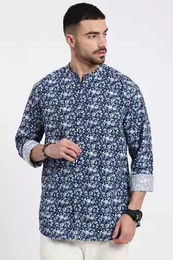 men's navy blue printed slim fit shirt