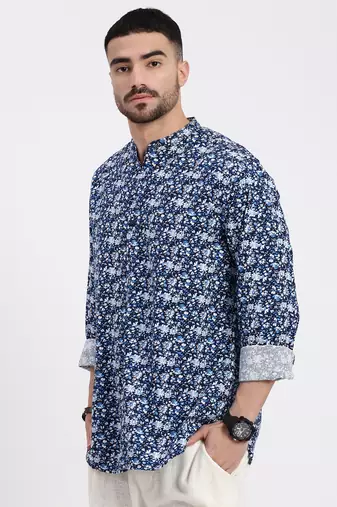 men's navy blue printed slim fit shirt