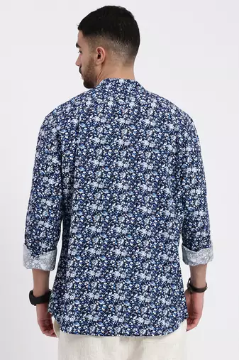 men's navy blue printed slim fit shirt