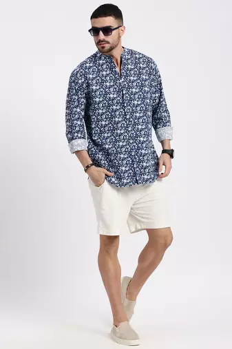 men's navy blue printed slim fit shirt