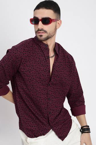 men's maroon printed slim fit shirt