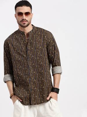 men's brown printed slim fit shirt 1