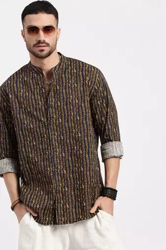 men's brown printed slim fit shirt