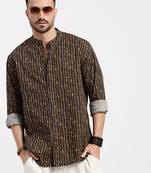 men's brown printed slim fit shirt