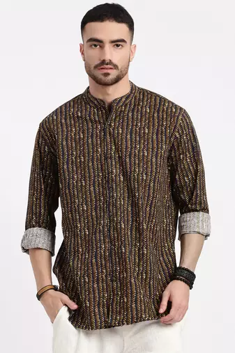 men's brown printed slim fit shirt