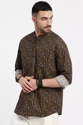 men's brown printed slim fit shirt