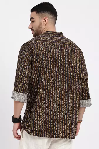 men's brown printed slim fit shirt