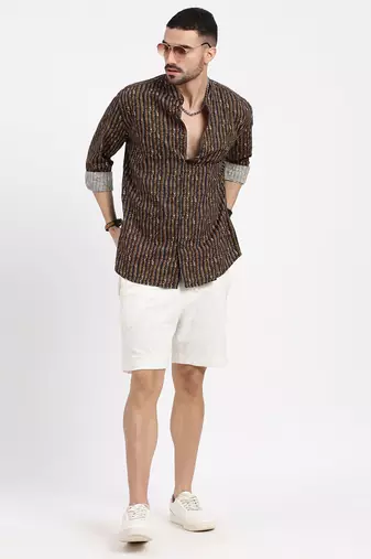 men's brown printed slim fit shirt
