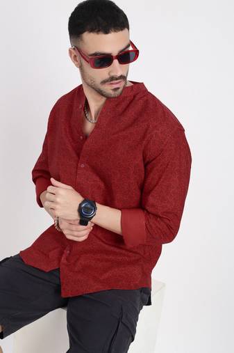 men's red printed slim fit shirt