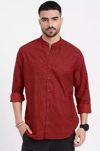 men's red printed slim fit shirt
