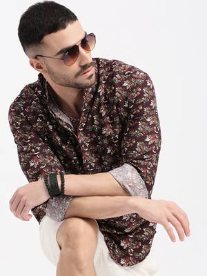 men's burgundy printed slim fit shirt 1